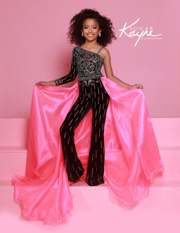 One-shoulder black velvet girls pageant jumpsuit and detachable hot pink organza skirt, perfect for talent, runway, or fun fashion.